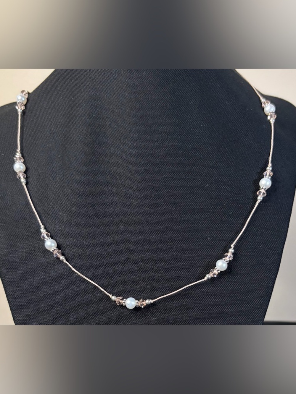 Freshwater pearl, crystal and sterling silver pink cord necklace. - Picture 11 of 12